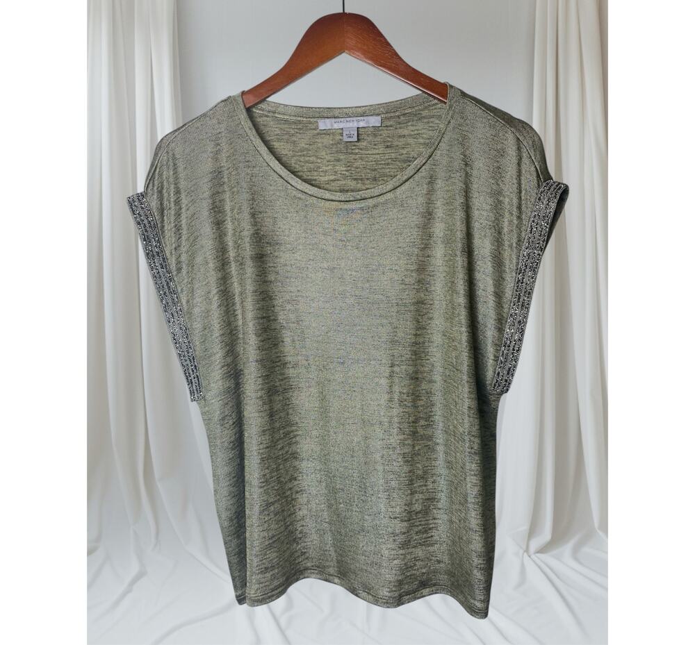 Marc NY Andrew Marc Sage Metallic Diamond Accent Cap Sleeve Blouse Size Large